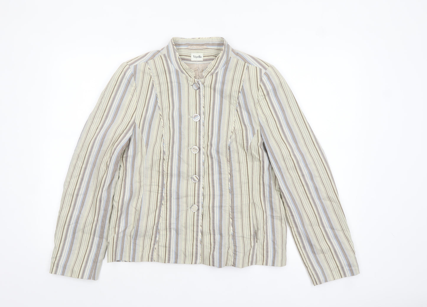 Viyella Women Beige Striped Button Jacket Size 10 Lightweight Cotton Blend