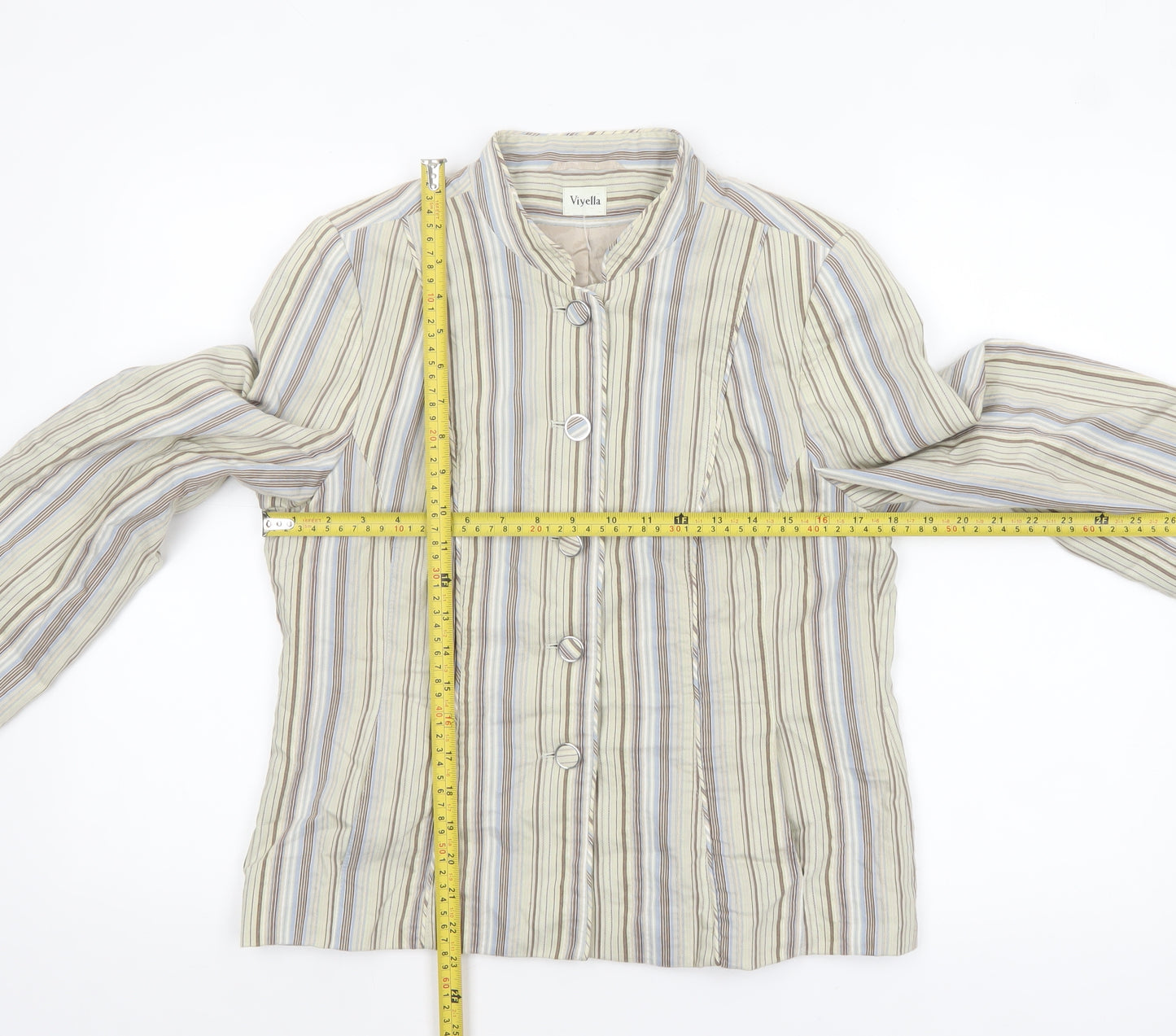 Viyella Women Beige Striped Button Jacket Size 10 Lightweight Cotton Blend