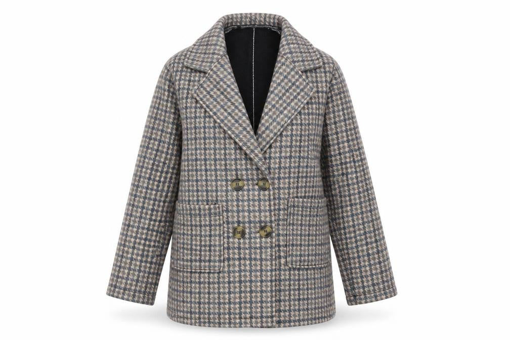 Front view of Haoshifen women’s multicoloured houndstooth double-breasted pea coat, size L
