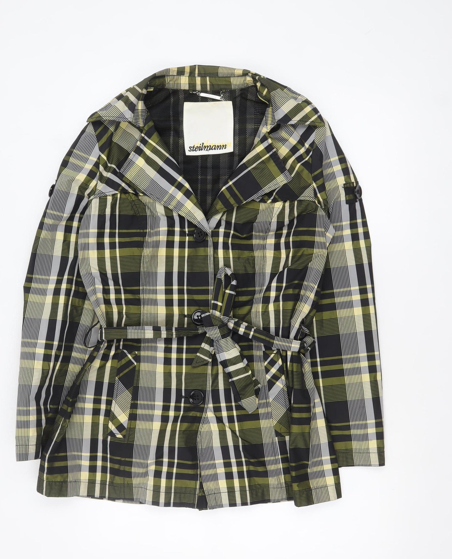 Steilmann Women Green Check Belted Mid-Length Trench Coat Jacket Size 14