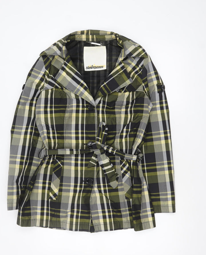 Steilmann Women Green Check Belted Mid-Length Trench Coat Jacket Size 14