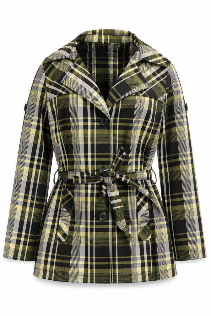 Steilmann Women Green Check Belted Mid-Length Trench Coat Jacket Size 14