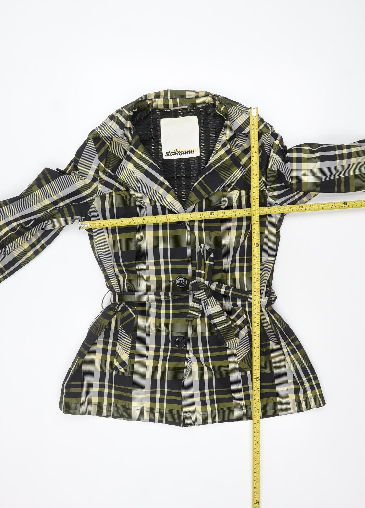 Steilmann Women Green Check Belted Mid-Length Trench Coat Jacket Size 14