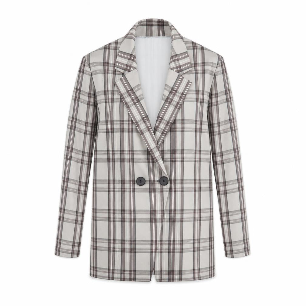 Front view of PRETTYLITTLETHING Women Grey Check Double-Breasted Blazer UK 10