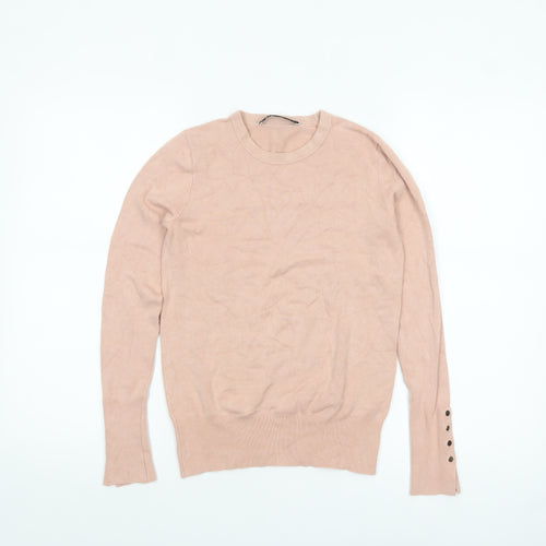 ZARA Women Beige Crew Neck Button Cuff Pullover Jumper Size 10