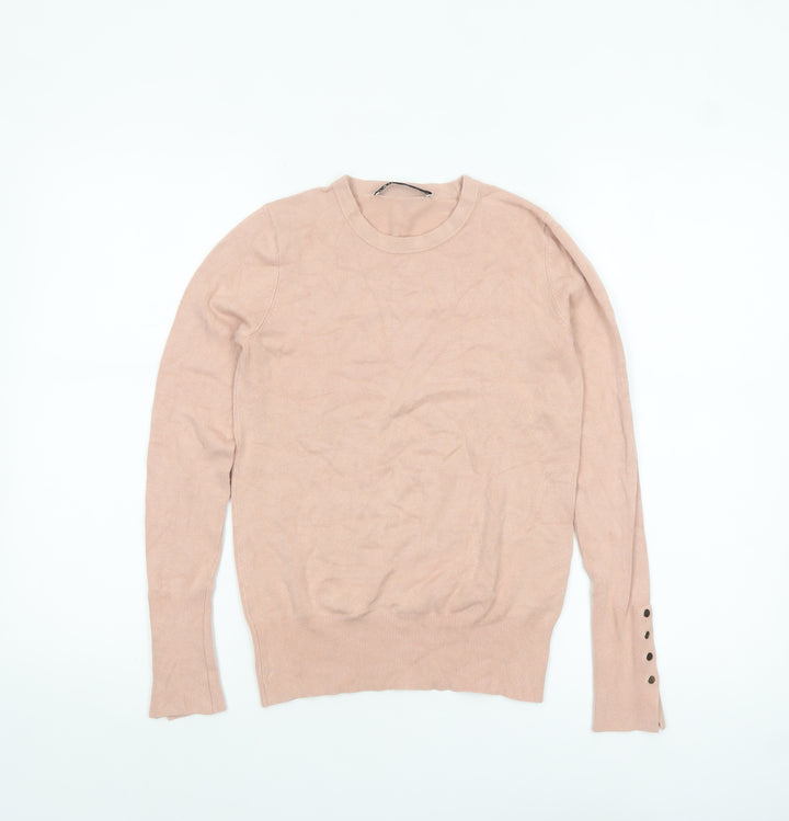 ZARA Women Beige Crew Neck Button Cuff Pullover Jumper Size 10