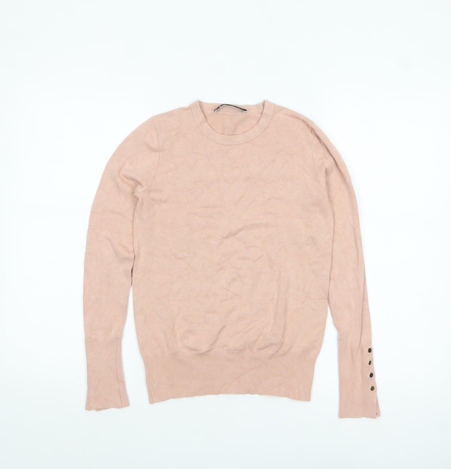 ZARA Women Beige Crew Neck Button Cuff Pullover Jumper Size 10