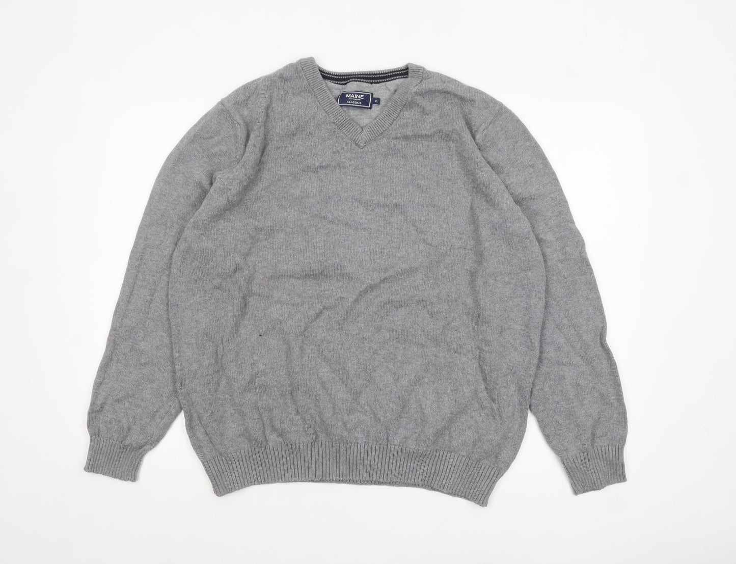 Maine New England Men's Grey Wool V-Neck Pullover Jumper XL
