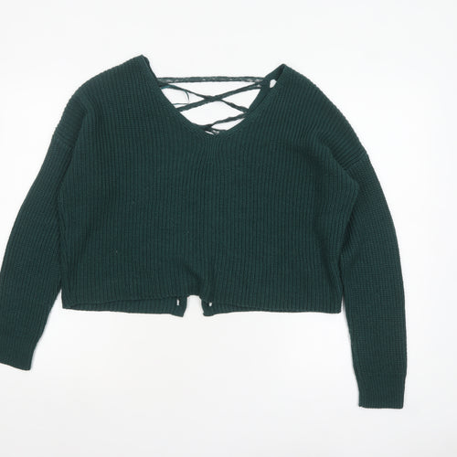 Miss Selfridge Women Green V-Neck Lace-Up Knit Jumper Size 8
