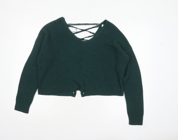 Miss Selfridge Women Green V-Neck Lace-Up Knit Jumper Size 8