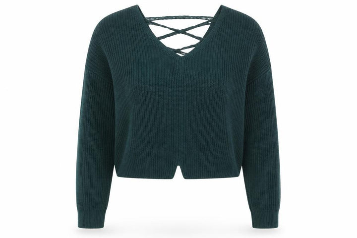 Miss Selfridge Women Green V-Neck Lace-Up Knit Jumper Size 8