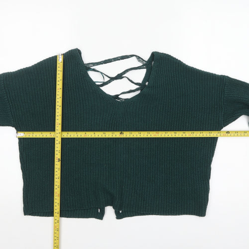 Miss Selfridge Women Green V-Neck Lace-Up Knit Jumper Size 8