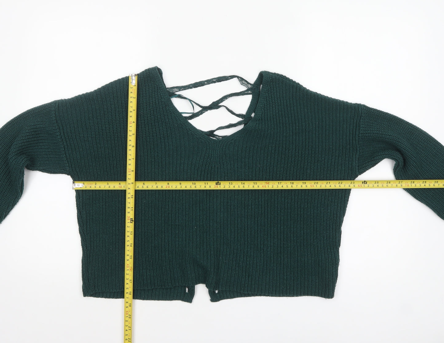Miss Selfridge Women Green V-Neck Lace-Up Knit Jumper Size 8