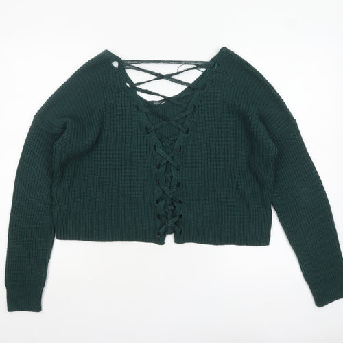 Miss Selfridge Women Green V-Neck Lace-Up Knit Jumper Size 8