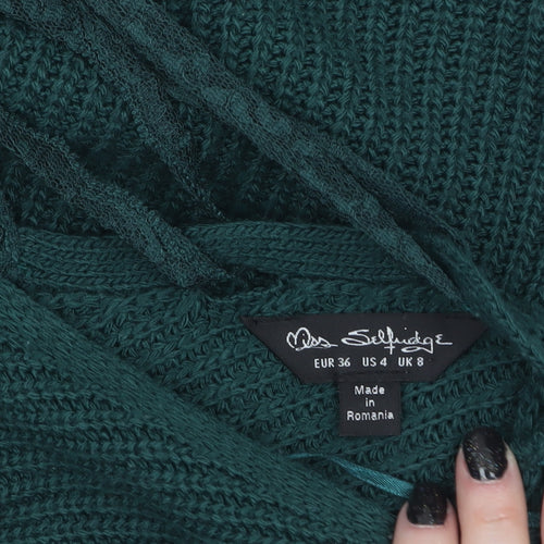 Miss Selfridge Women Green V-Neck Lace-Up Knit Jumper Size 8