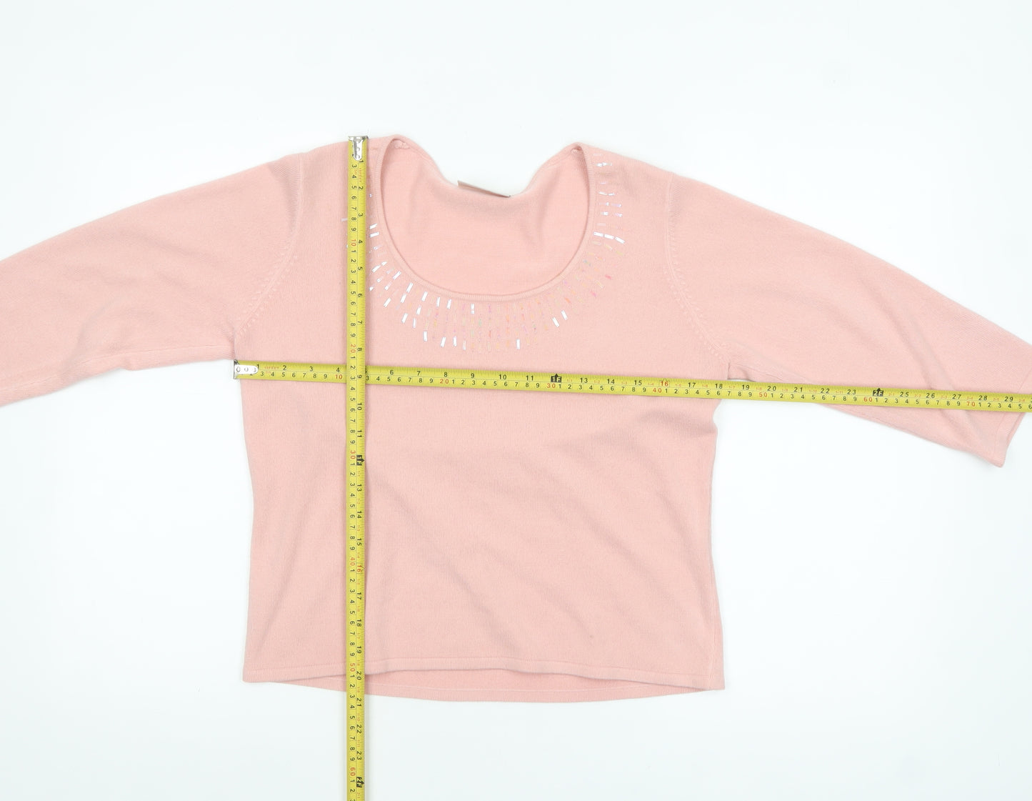 BHS Women’s Pink Petite Sequin Scoop Neck 3/4 Sleeve Jumper Size 14