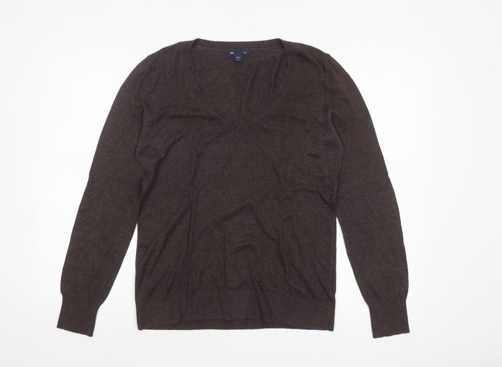 Gap Womens Brown V-Neck Long Sleeve Cotton Knit Pullover Jumper M