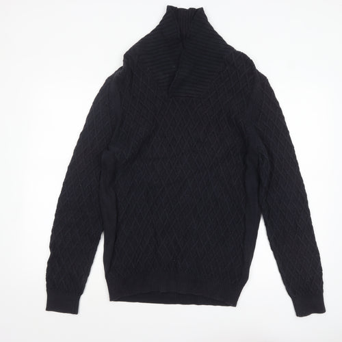 Massimo Dutti Men’s Black Cotton Cable Knit Roll Neck Jumper L