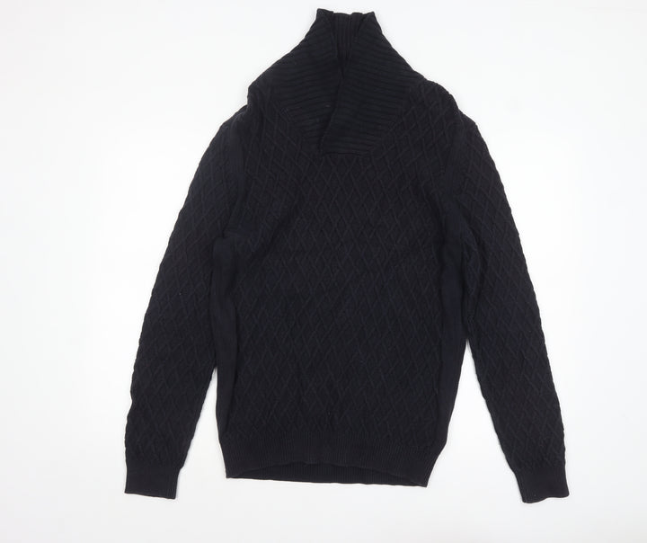 Massimo Dutti Men’s Black Cotton Cable Knit Roll Neck Jumper L