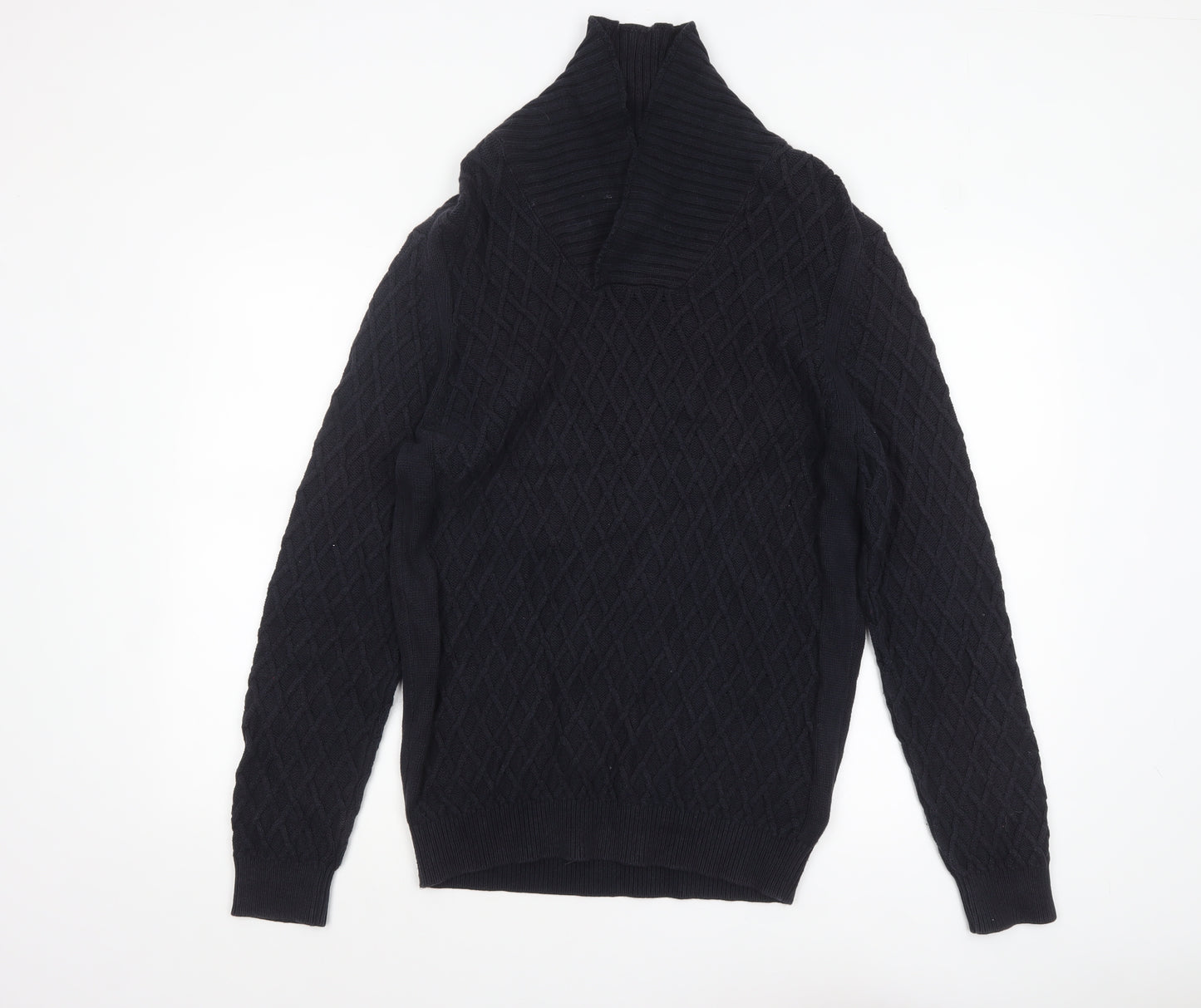 Massimo Dutti Men’s Black Cotton Cable Knit Roll Neck Jumper L