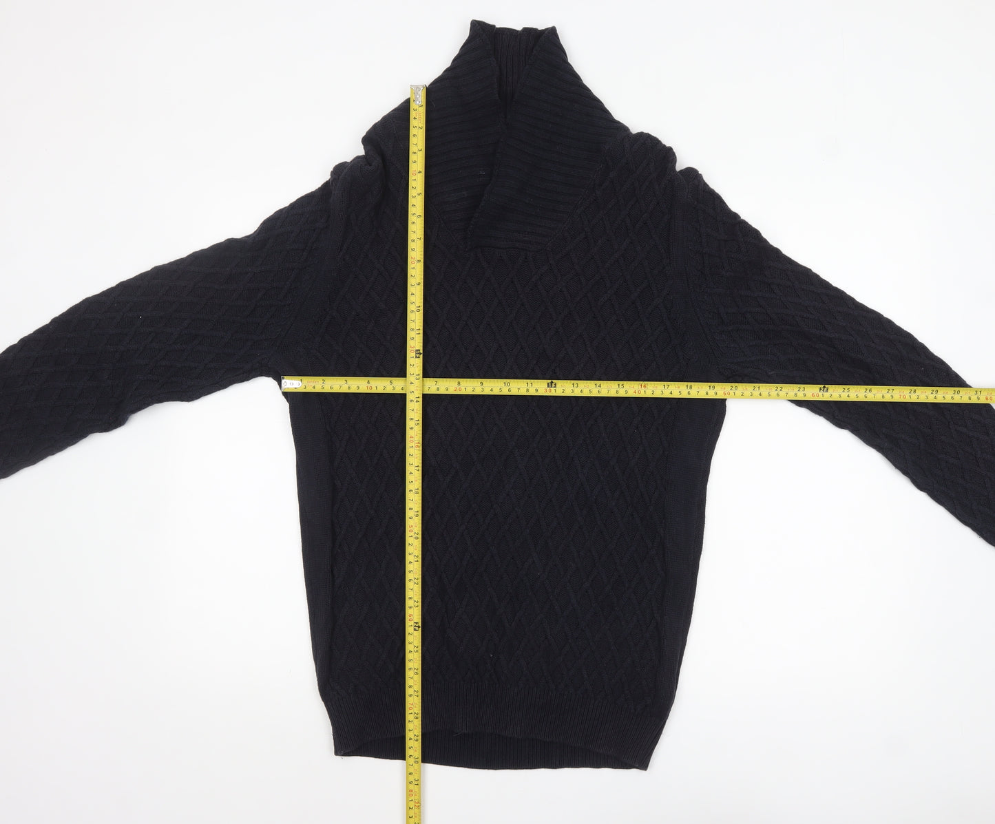 Massimo Dutti Men’s Black Cotton Cable Knit Roll Neck Jumper L