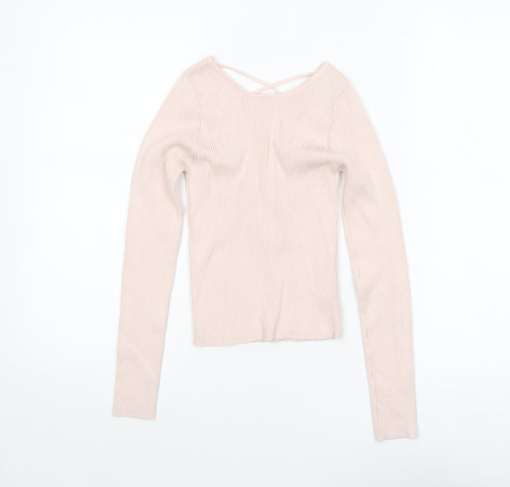 Stradivarius Women Beige Ribbed V-Neck Slim Fit Pullover Jumper Size 8