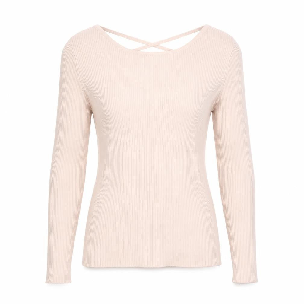 Front view of Stradivarius Women Beige Ribbed V-Neck Slim Fit jumper, size 8