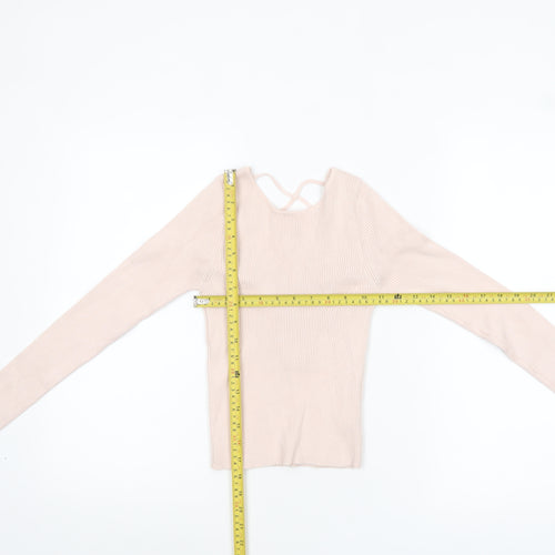 Stradivarius Women Beige Ribbed V-Neck Slim Fit Pullover Jumper Size 8