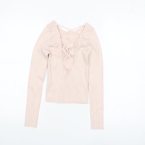 Stradivarius Women Beige Ribbed V-Neck Slim Fit Pullover Jumper Size 8