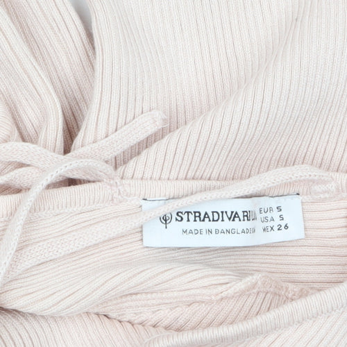 Stradivarius Women Beige Ribbed V-Neck Slim Fit Pullover Jumper Size 8