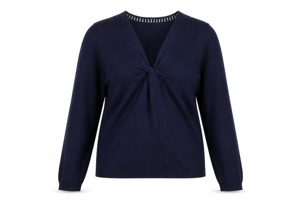 Front view of John Lewis Women's Blue Cotton Blend V-Neck Jumper, size 12