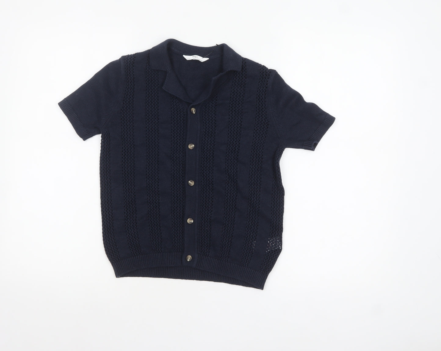 Marks and Spencer Boys Navy Blue Button Cardigan 8-9 Years Short Sleeve Knit