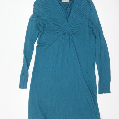 Wallis Women Blue Knit Jumper Dress Size M V-Neck Long Sleeve