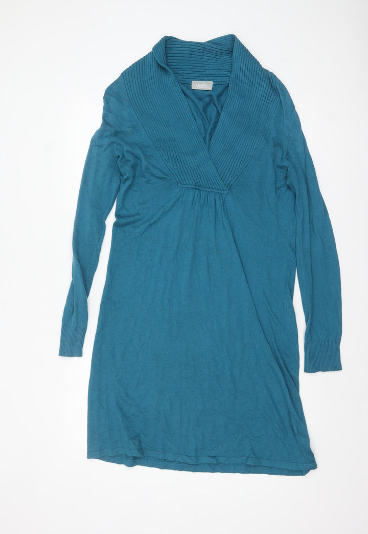 Wallis Women Blue Knit Jumper Dress Size M V-Neck Long Sleeve