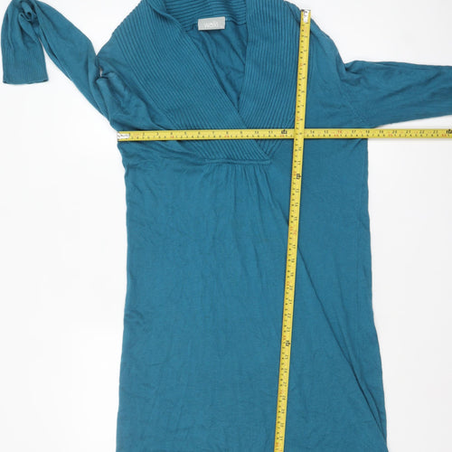 Wallis Women Blue Knit Jumper Dress Size M V-Neck Long Sleeve