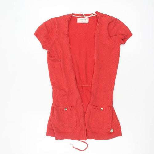 Lemon Women Red Short Sleeve Open Cardigan Belted Knit Size S