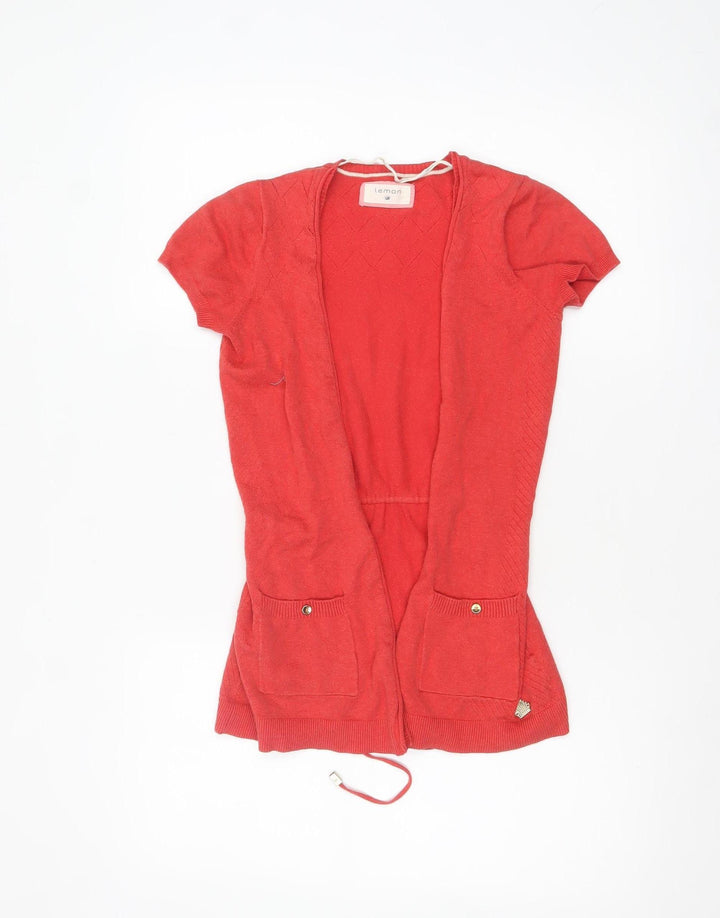 Lemon Women Red Short Sleeve Open Cardigan Belted Knit Size S