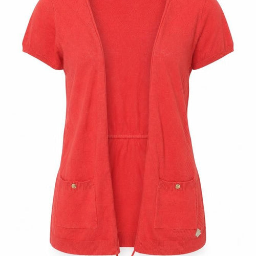 Lemon Women Red Short Sleeve Open Cardigan Belted Knit Size S