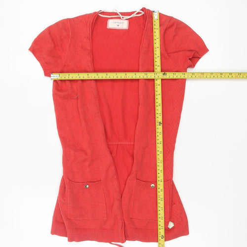 Lemon Women Red Short Sleeve Open Cardigan Belted Knit Size S