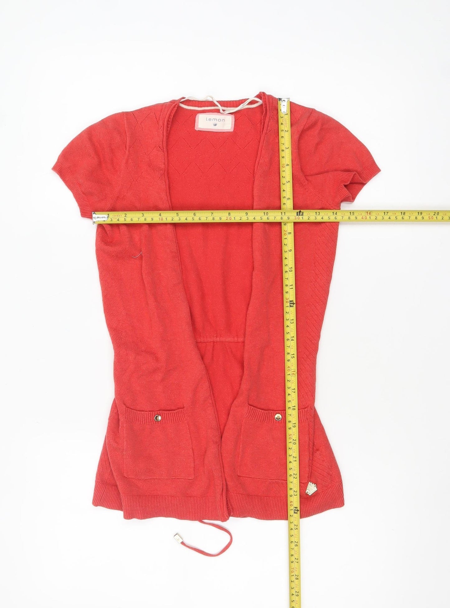 Lemon Women Red Short Sleeve Open Cardigan Belted Knit Size S