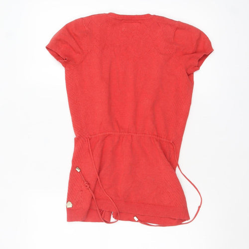 Lemon Women Red Short Sleeve Open Cardigan Belted Knit Size S