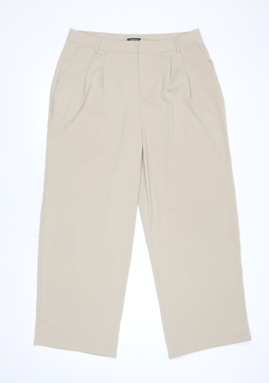 Boohoo Women Beige Wide-Leg Pleated Trousers Size 16