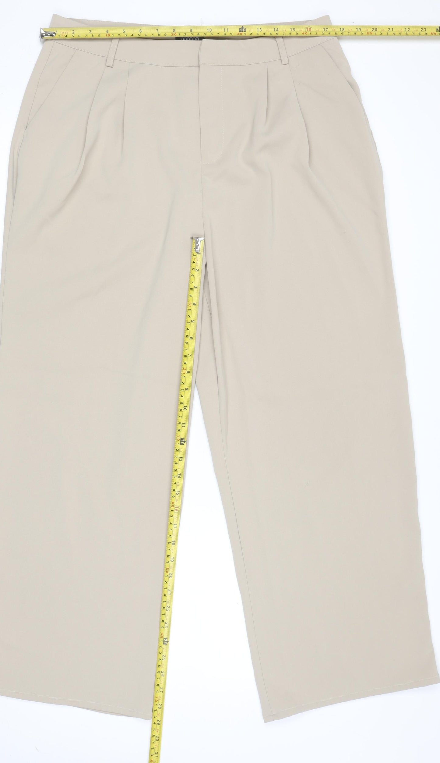 Boohoo Women Beige Wide-Leg Pleated Trousers Size 16