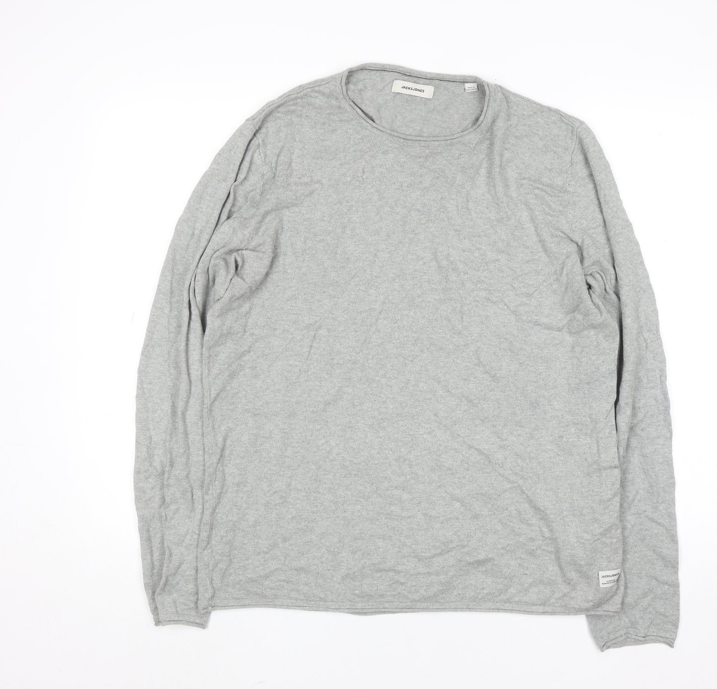 Jack & Jones Men's Grey Cotton Crew Neck Pullover Jumper Size L
