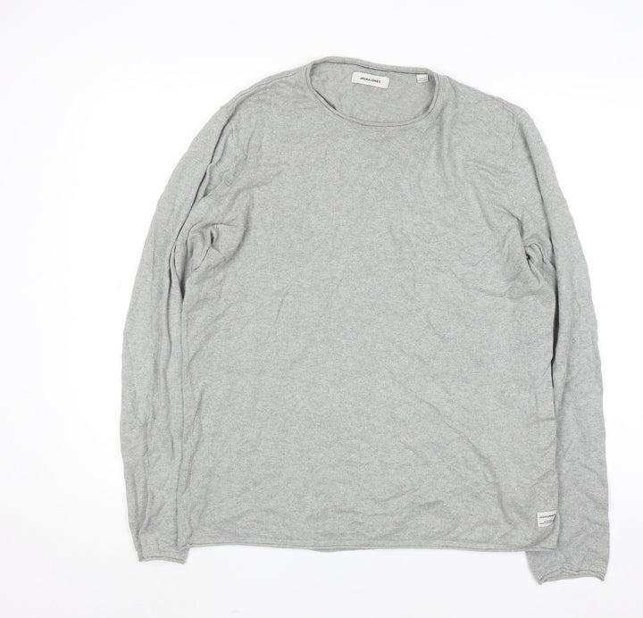 Jack & Jones Men's Grey Cotton Crew Neck Pullover Jumper Size L