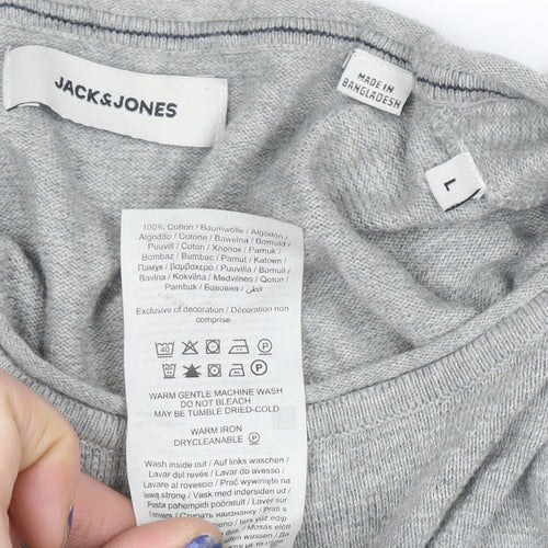 Jack & Jones Men's Grey Cotton Crew Neck Pullover Jumper Size L