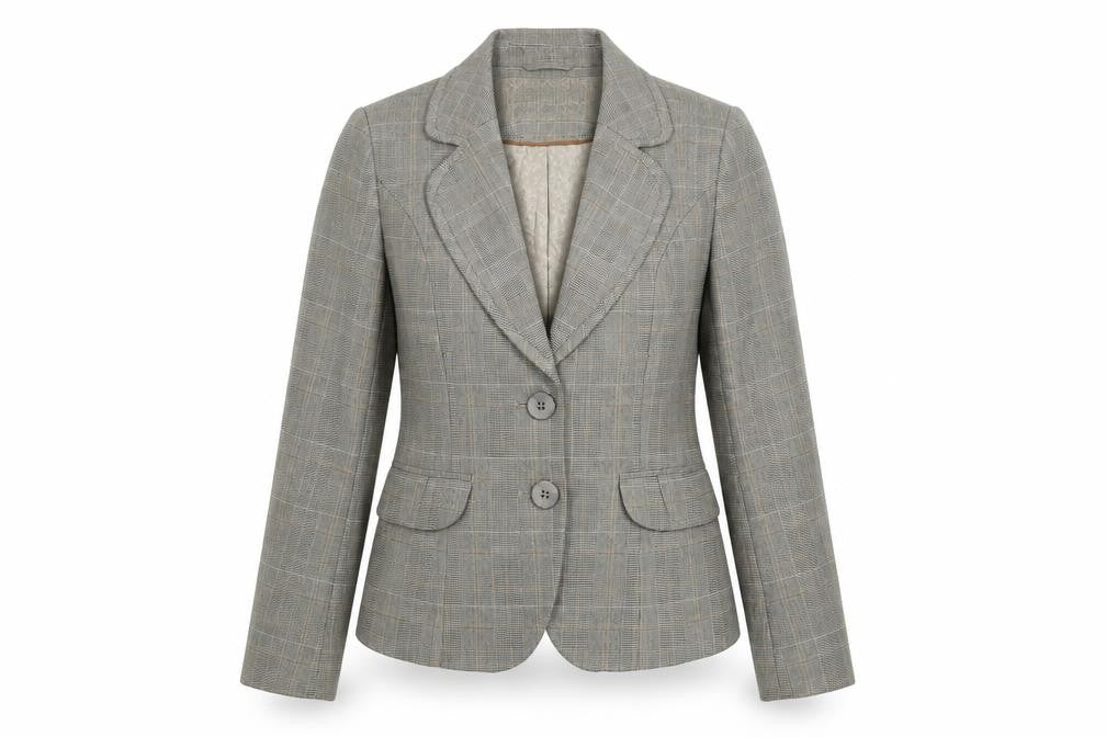 Front view of Next Petite Grey Check Two-Button Blazer, size UK 6, Women’s Tailored Jacket