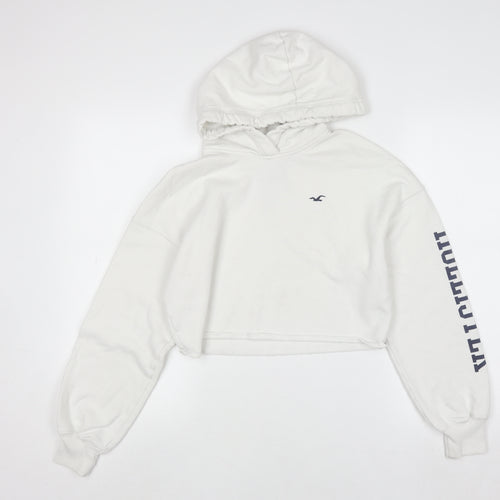Hollister Women White Small Cropped Pullover Hoodie Cotton Blend