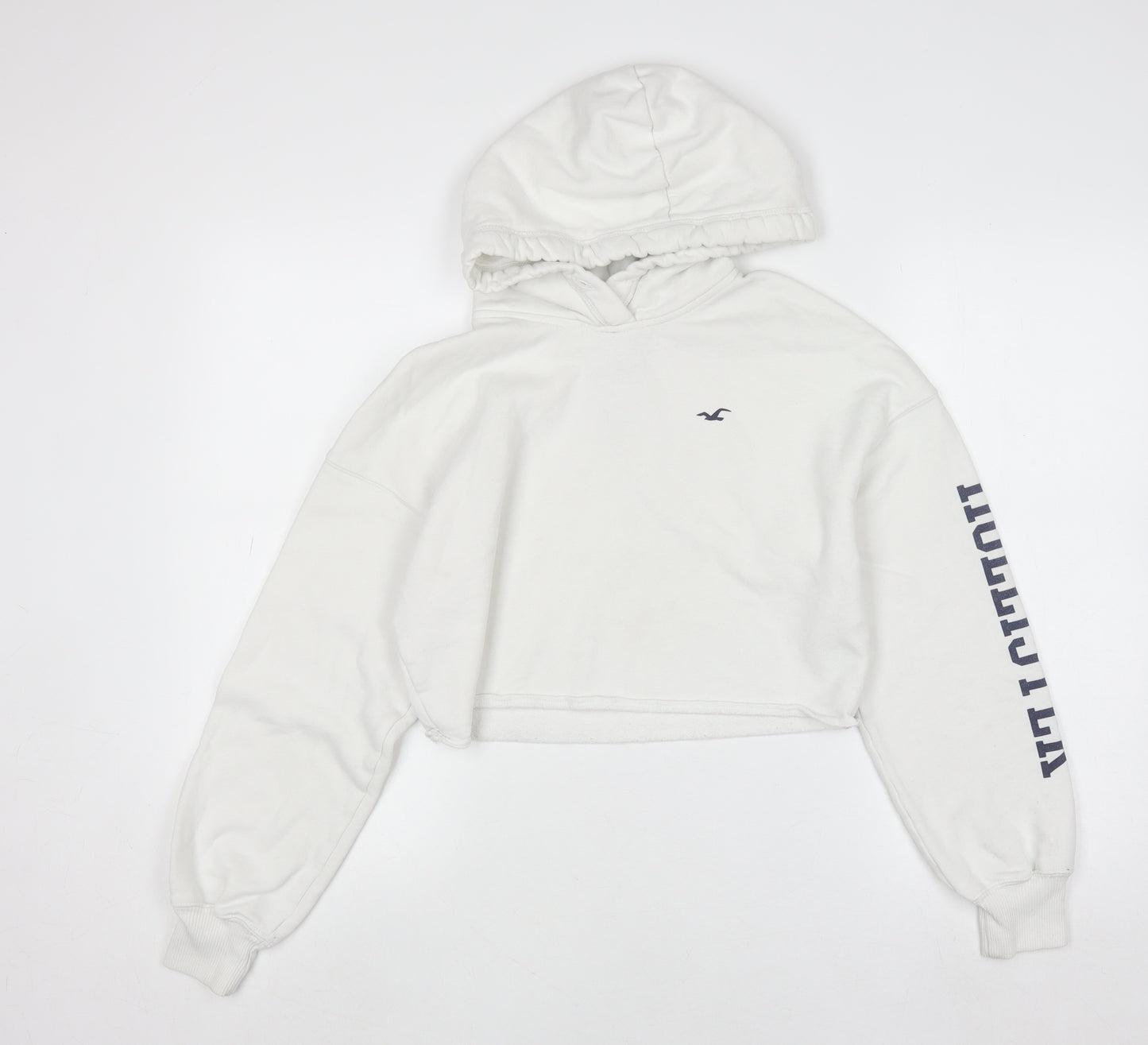 Hollister Women White Small Cropped Pullover Hoodie Cotton Blend