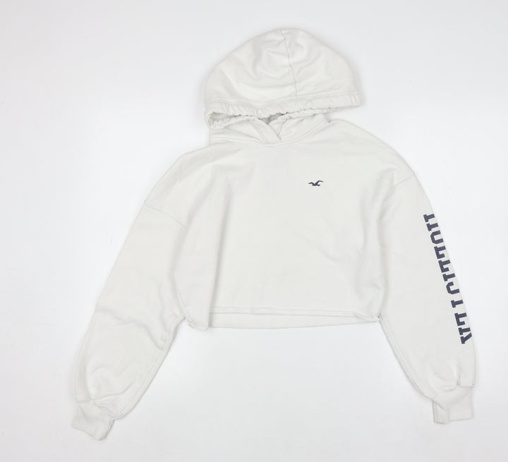 Hollister Women White Small Cropped Pullover Hoodie Cotton Blend
